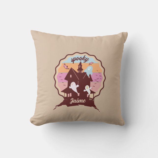 Retro Halloween Costume Spooky Haunted House Ghost Cushion (Front)