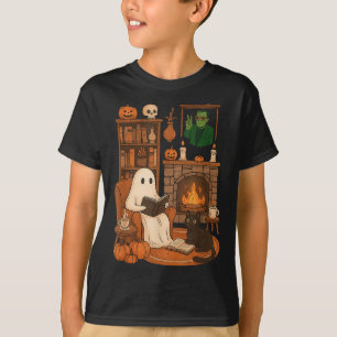Retro Halloween Cosy Ghost Reading Book By 90s Fra T-Shirt