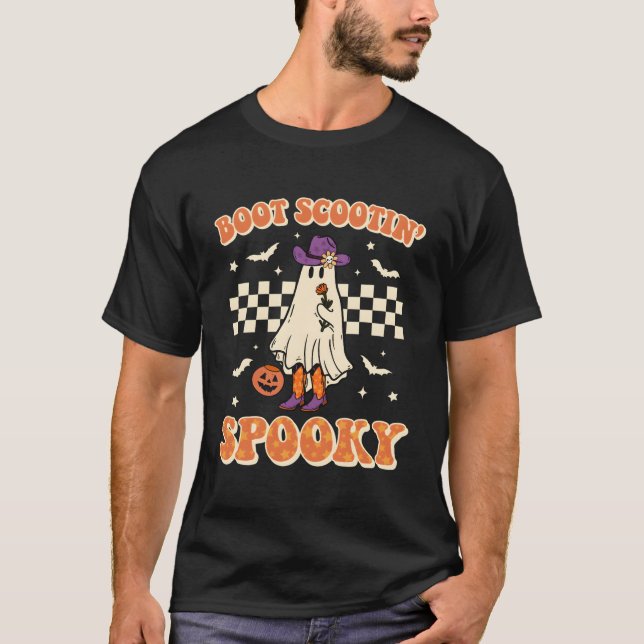 Retro Halloween Cowgirl Ghost Western Boot Scootin T-Shirt (Front)