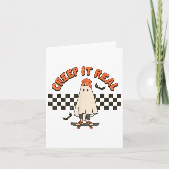 Retro Halloween Creep It Real Ghost Boy Fall Seaso Card (Front)