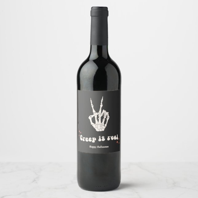 Retro Halloween Creep it Real Skeleton Wine Label (Front)