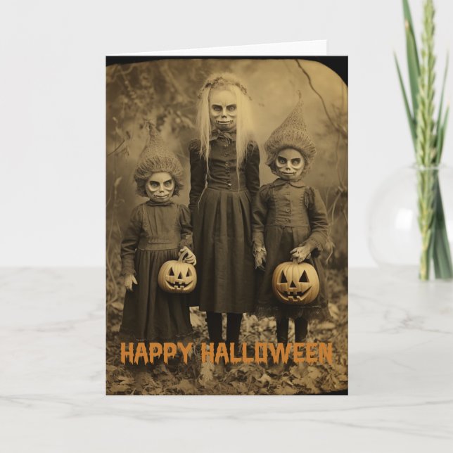 Retro Halloween creepy kids with carved pumpkins Holiday Card (Front)