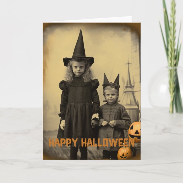 Retro Halloween creepy kids with carved pumpkins Holiday Card (Front)