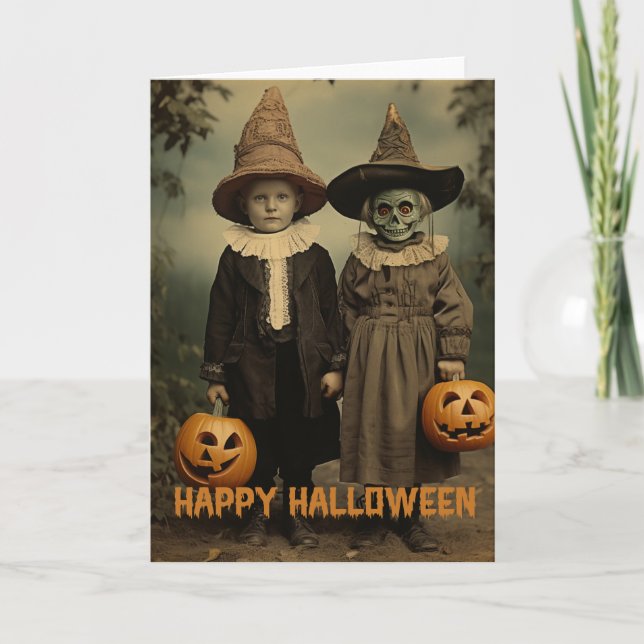Retro Halloween creepy kids with carved pumpkins Holiday Card (Front)