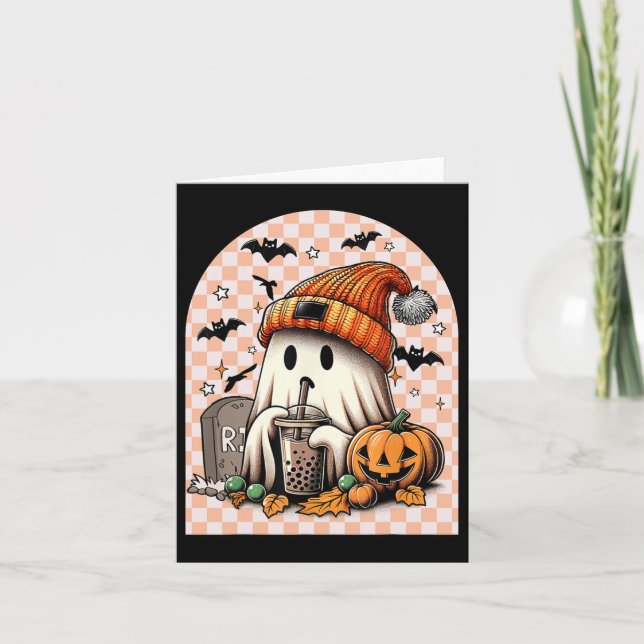 Retro Halloween Cute Ghost Drinking Coffee Pumpkin Card (Front)