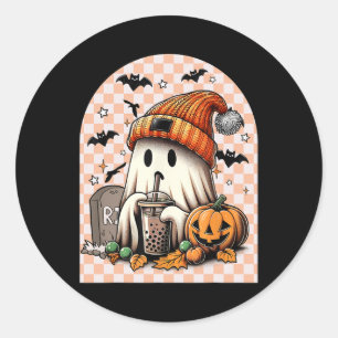 Retro Halloween Cute Ghost Drinking Coffee Pumpkin Classic Round Sticker