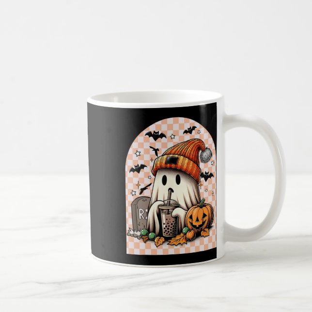 Retro Halloween Cute Ghost Drinking Coffee Pumpkin Mug (Right)