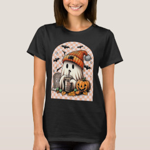 Retro Halloween Cute Ghost Drinking Coffee Pumpkin T-Shirt