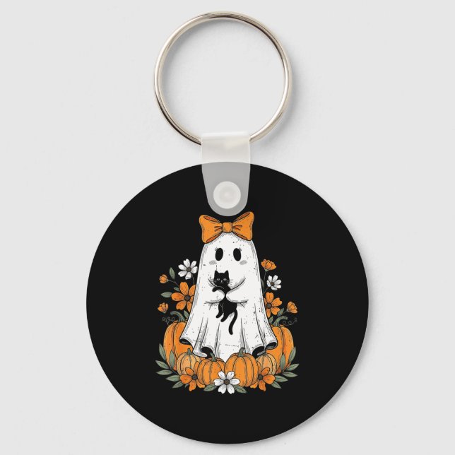 Retro Halloween Cute Ghost Holding Black Cat Flora Key Ring (Front)