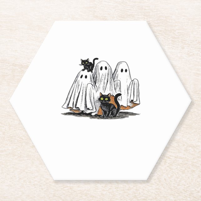 Retro Halloween Ghost and Cat Oversized T-Shirt Paper Coaster (Front)