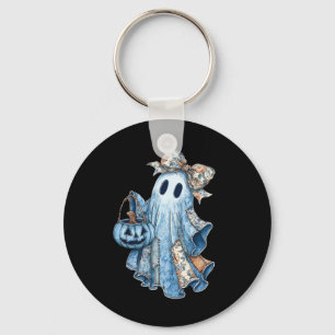 Retro Halloween Ghost Denim Pattern Bow Men Women Key Ring