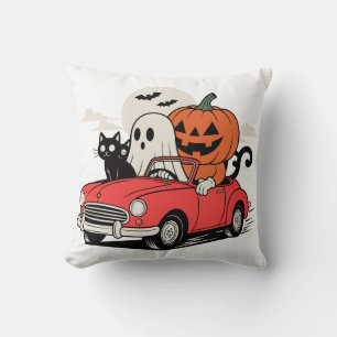 Retro Halloween Ghost Driving Red Car Cushion