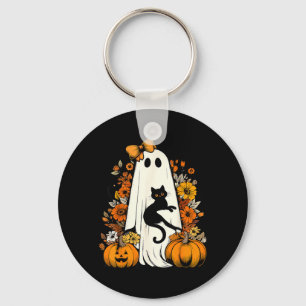 Retro Halloween Ghost Holding Black Cat Floral Key Ring