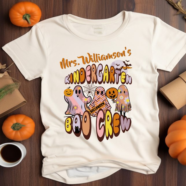 Retro Halloween Ghost Kindergarten Teacher Name T-Shirt (Creator Uploaded)