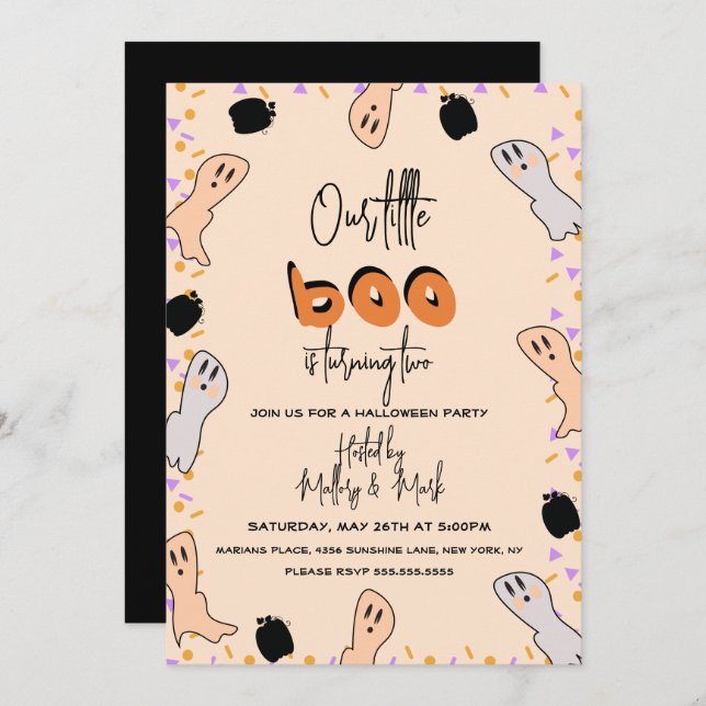 Retro Halloween Ghost Our Little Boo Confetti Invitation (Front/Back)