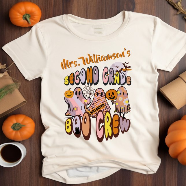 Retro Halloween Ghost Second Grade Teacher Name T-Shirt (Creator Uploaded)