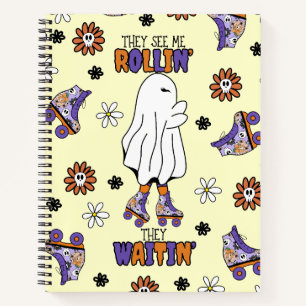 Retro Halloween Ghost with Roller Blades purple Notebook
