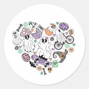 Retro Halloween Ghosts and Pumpkin Heart shape Classic Round Sticker