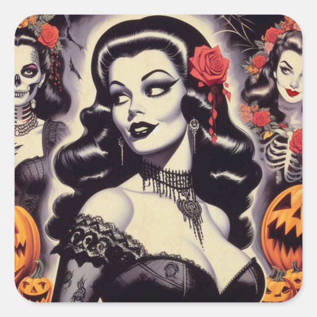Retro Halloween Goth Pin-up Square Sticker (Front)