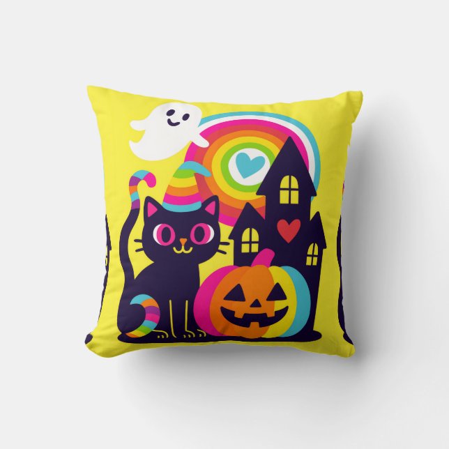  Retro Halloween Kawaii Black Cat, Pumpkin design Cushion (Front)