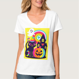  Retro Halloween Kawaii Black Cat, Pumpkin design T-Shirt