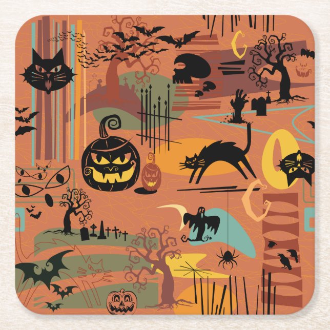Retro Halloween O'Rama Square Paper Coaster (Front)
