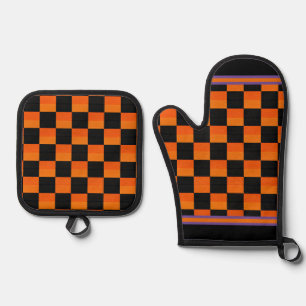 Retro Halloween Orange and Black Check Oven Mitt & Pot Holder Set