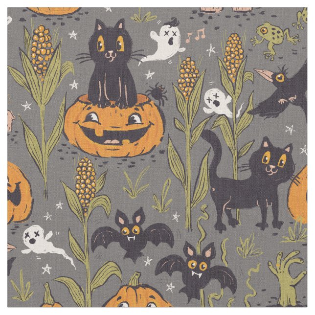 Retro Halloween pattern in vintage cartoon style. Fabric (Close Up)