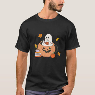 Retro Halloween Pumpkin Cup Cute Ghost Reading Boo T-Shirt