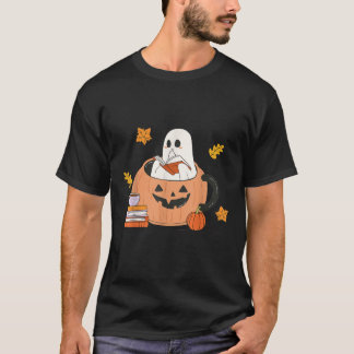 Retro Halloween Pumpkin Cup Cute Ghost Reading Boo T-Shirt