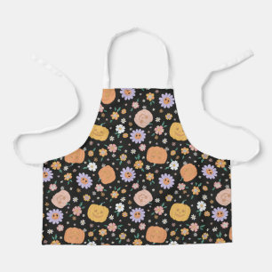 Retro Halloween Pumpkins and Flowers Pattern Apron