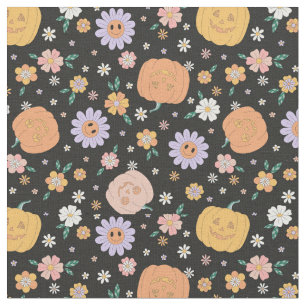 Retro Halloween Pumpkins and Flowers Pattern Fabric