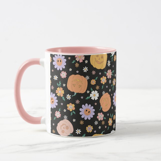 Retro Halloween Pumpkins and Flowers Pattern Mug (Left)