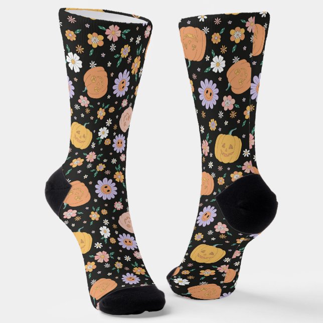Retro Halloween Pumpkins and Flowers Pattern Socks (Angled)