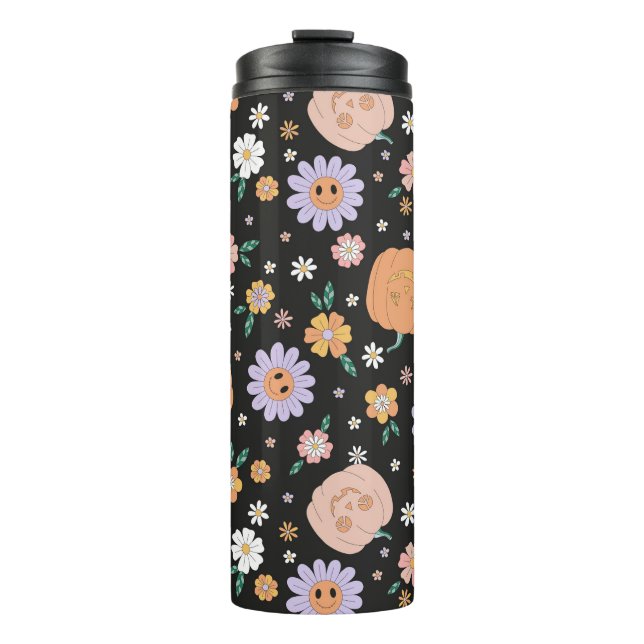 Retro Halloween Pumpkins and Flowers Pattern Thermal Tumbler (Front)