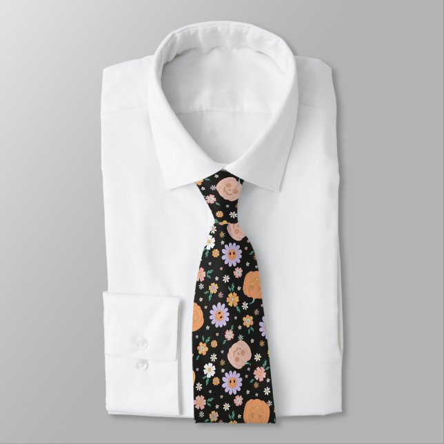 Retro Halloween Pumpkins and Flowers Pattern Tie (Tied)