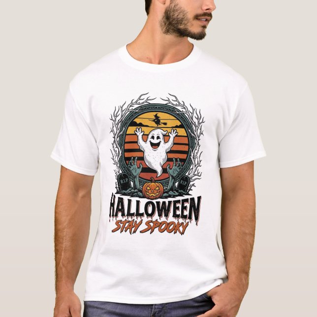 Retro Halloween Shirt with Engraved Ghost Moon Des (Front)