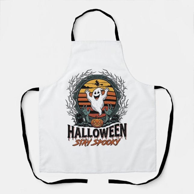 Retro Halloween Shirt with Engraved Ghost Moon Des Apron (Front)