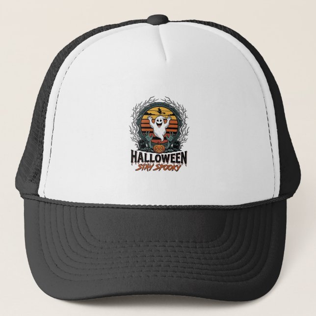 Retro Halloween Shirt with Engraved Ghost Moon Des Trucker Hat (Front)
