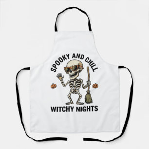 Retro Halloween Skeleton Engraving Witchy Broom Sh Apron