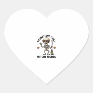 Retro Halloween Skeleton Engraving Witchy Broom Sh Heart Sticker