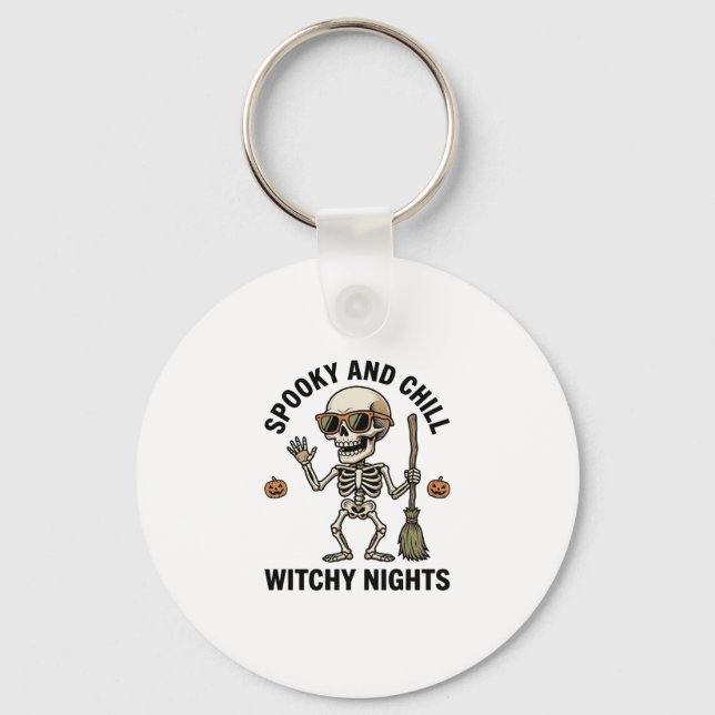 Retro Halloween Skeleton Engraving Witchy Broom Sh Key Ring (Front)