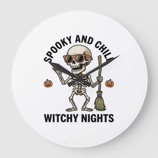 Retro Halloween Skeleton Engraving Witchy Broom Sh Large Clock (Front)