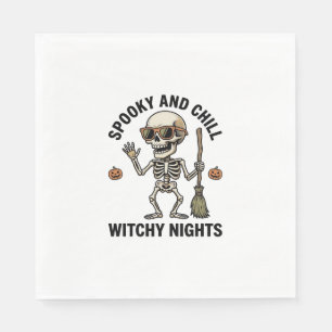 Retro Halloween Skeleton Engraving Witchy Broom Sh Napkin