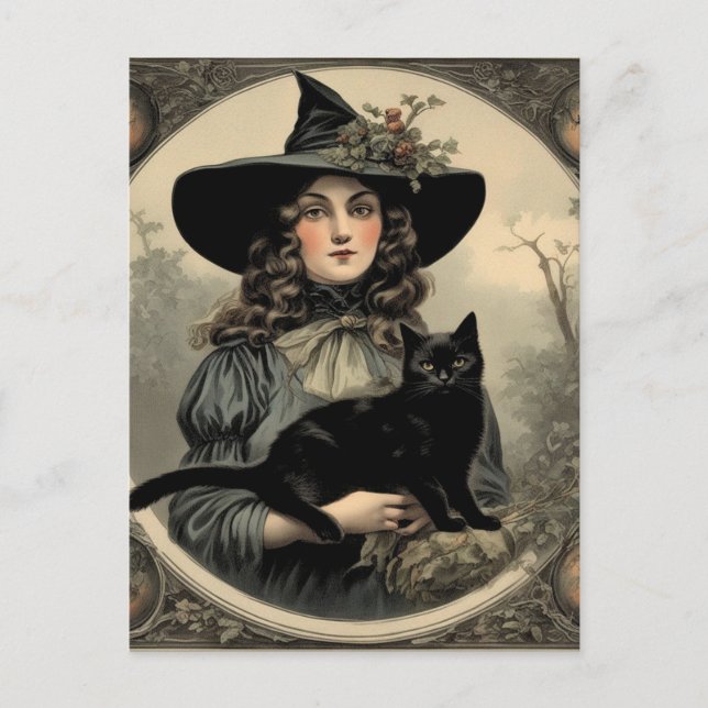 Retro Halloween Witch and Black Cat Postcard (Front)