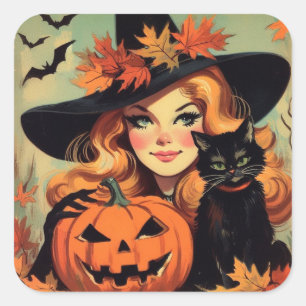 Retro Halloween Witch and Black Cat Spooky Square Sticker