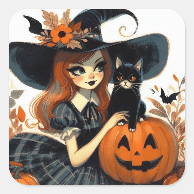 Retro Halloween Witch and Black Cat Spooky Square Sticker (Front)