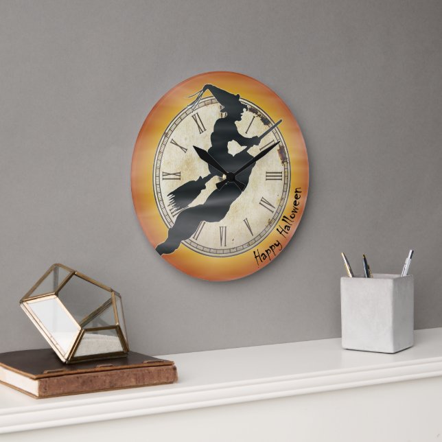 Retro Halloween Witch on a Broom Large Clock (Office)