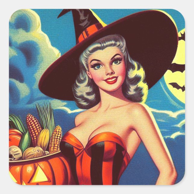 Retro halloween Witch Pin-up Square Sticker (Front)