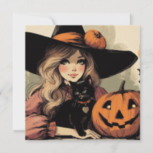 Retro Halloween Witch with Black Cat and Pumpkin  Card